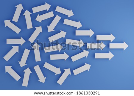 Arrow in different direction change to the same target. Business alignment strategy concept. 3d render illustration. 