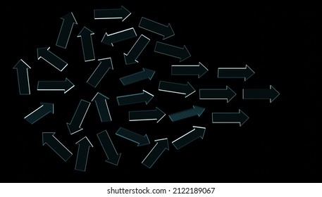 Arrow In Different Direction To The Same Target On Black Background. X Ray 3d Rendering Illustration. Business Alignment Strategy Concept.