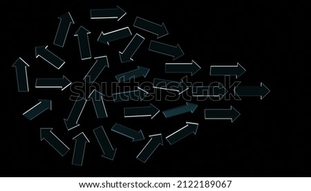 Arrow in different direction to the same target on black background. X ray 3d rendering illustration. Business alignment strategy concept.