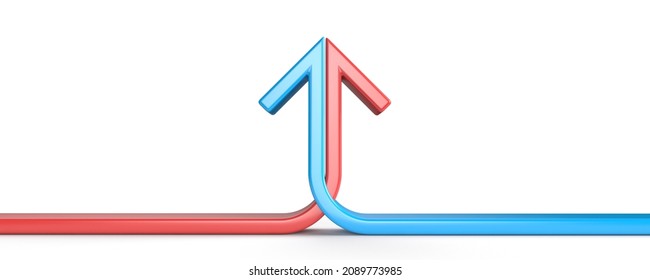 Arrow formed by two merging red and blue lines crossed 3D rendering illustration isolated on white background