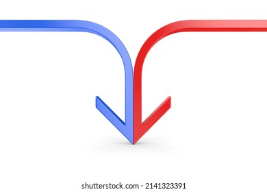 Arrow Formed From Two Merging Red And Blue Lines On White Background. Isolated 3D Illustration