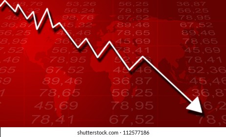 Arrow graph going down and electronic stock numbers on a blue background.