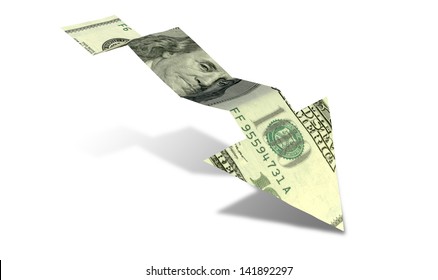 An Arrow Graph Trend Shaped 100 Dollar Bank Note Showing An Economic Downward Trend On An Isolated Background