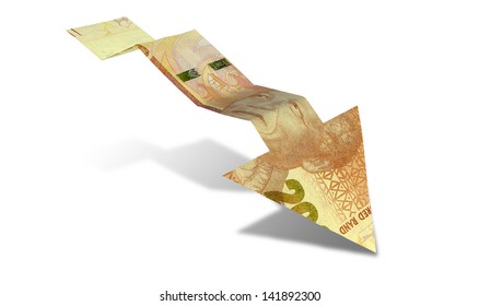 An Arrow Graph Trend Shaped 200 Rand Bank Note Showing An Economic Downward Trend On An Isolated Background