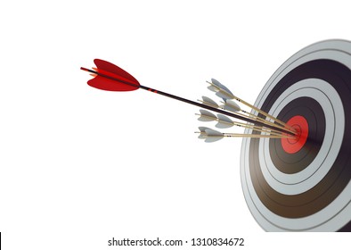 Arrow hit the center of target. Business target achievement concept. Isolated on white background. 3D Rendering