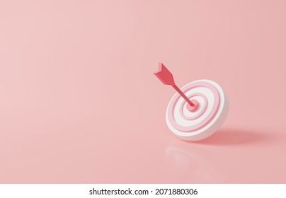 Arrow Hit The Center Of Target On Pink Pastel Background. Business Finance Target Concept.3d Render Success Of The Arrow Bow To The Target. Marketing Time Concept. 3d Rendering Illustration. Minimal