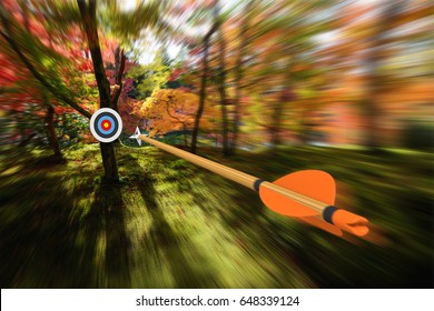 Arrow Moving With Precision And Blurred Motion Toward An Archery Target, Part Photo, Part 3D Rendering