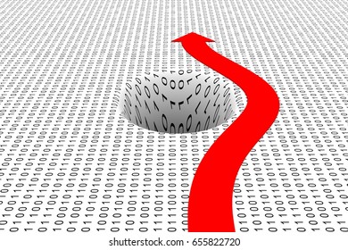 arrow passes a black hole in a binary code 3D illustration