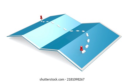 Arrow Path With Thumb Pin On Blue Paper, 3d Rendering