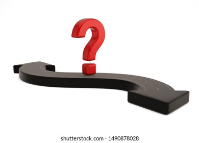 Arrow road and question mark isolated on white background, 3D illustration.