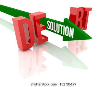 Arrow with word Solution breaks word Debt. Concept 3D illustration.