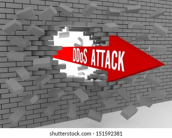 Arrow With Words DDos Attack Breaking Brick Wall. Concept 3D Illustration.