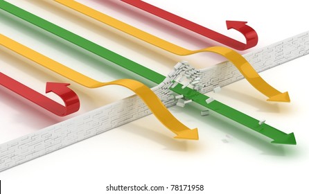 Arrows Breaking Or Passing Brick Wall Abstract 3d Illustration - Power Solution 3d Concept - Success Concept