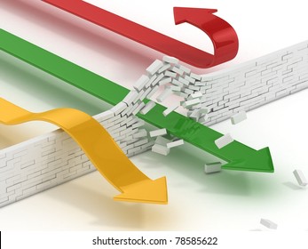 Arrows Breaking Or Passing Brick Wall Abstract 3d Illustration - Power Solution 3d Concept - Success Concept