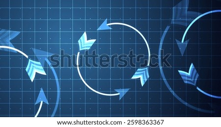Arrows in a circular loop moving. Recycle reuse concept for digital data. Arrow background technological grids and dots. Investment progress stock market strategy stripes. Success repeated process.