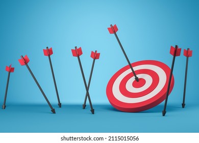 Arrows hit the center of a dartboard red target, missing the target and success. Concept of goal. Business target achievement, 3D rendering