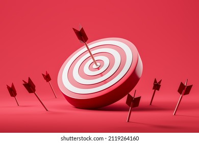 Arrows hit the center of a red dartboard, missing the target and achieve success. Concept of solution. Business goal achievement, 3D rendering
