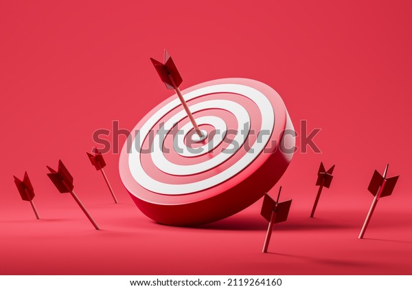 Arrows hit the center of a red dartboard,\
missing the target and achieve success. Concept of solution.\
Business goal achievement, 3D\
rendering