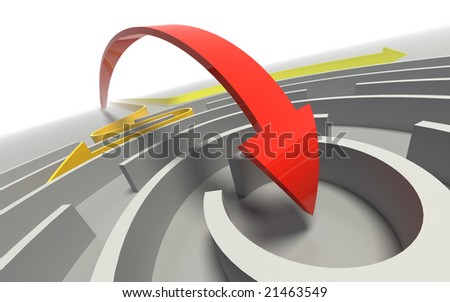 Arrows passing through a labyrinth, one has achieved the object.