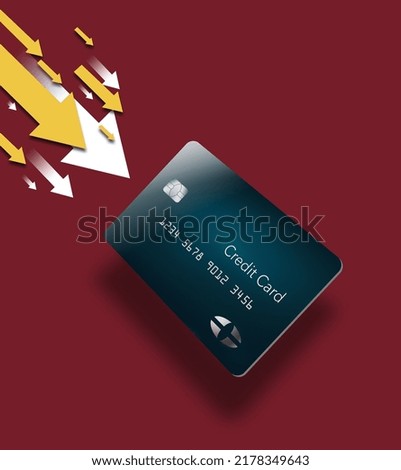 Arrows point downward to represent the downward trend in popularity of credit cards by younger consumers in this 3-d illustration.