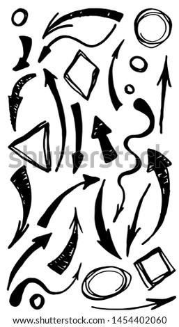 Arrows, pointers and geometric shapes drawn by hand. Isolated on white background.