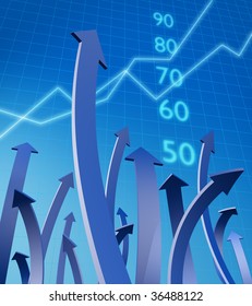 Arrows pointing up with graph and number at background 3d illustration