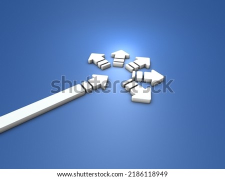 Arrows pointing in multiple directions from the middle of the course. An abstract concept representing a free choice full of possibilities. turning point. 3D rendering.