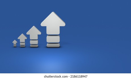 Up arrows that gradually increase in size. An abstract concept representing a gradual rise. evolution and expansion. 3D rendering.