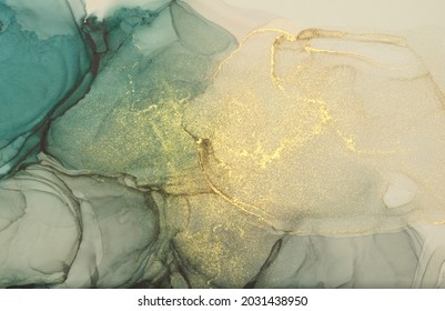 Art Abstract Blue, Beige Watercolor And Gold Glitter Horizontal Background. Marble Texture. Alcohol Ink.