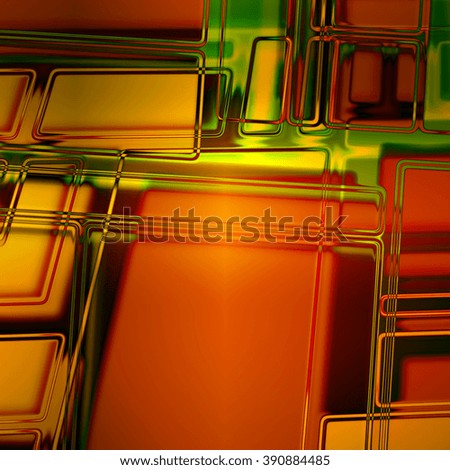art abstract geometric colored pattern in Mondrian style; glass textured blurred background in bright red, orange, gold and green colors