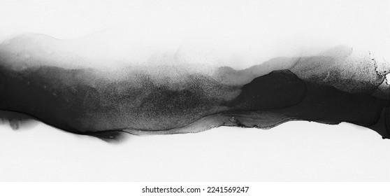 Art Abstract grain black and white contrast watercolor and alcohol ink flow smear blot painting . Smoke canvas texture horizontal long background.