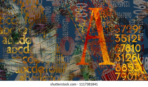 art abstract grunge collage with  number, geometric and typo elements, colorful  background with red, yellow, blue, old gold and black colors