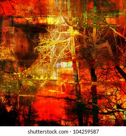 Art Abstract Grunge Graphic Texture Background In Bright Red, Orange, Gold, Brown And Black Colors With Silhouette Of Trees
