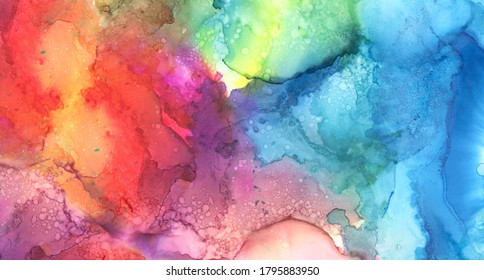 Art Abstract Paint Blots Background. Alcohol Ink Red And Blue Colors. Marble Texture. Horizontal Long Banner.