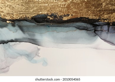 Art Abstract  Watercolor And Acrylic Marble Flow Blot Painting. Black And Gold Color Canvas Texture Beige Long Horizontal Background. Alcohol Ink.