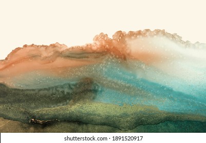 Art Abstract watercolor painting blots landscape horizontal background. Alcohol ink colors. Marble texture.