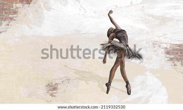  art ballerina on a textured background with scuffs and a brick texture, photo wallpaper for the interior
