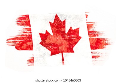 Art Brush Watercolor Painting Of Canadian Flag Blown In The Wind Isolated On White Background.