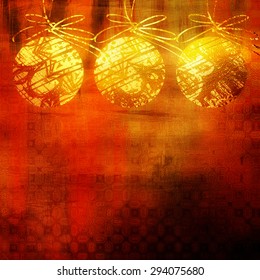 Art Christmas Golden Balls With Abstract Pattern On Gold, Red And Brown Background With Space For Text