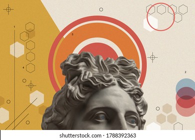 Art Collage With Antique Sculpture Of Apollo Face And Numbers, Geometric Shapes. Beauty, Fashion And Health Theme. Science, Research, Discovery, Technology Concept. Zine Culture. Pop Art Style.