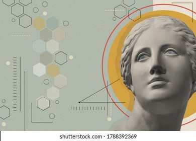 Art collage with antique sculpture of Venus face and numbers, geometric shapes. Beauty, fashion and health theme. Science, research, discovery, technology concept. Zine culture. Pop art style.