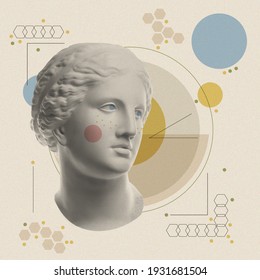 Art Collage With Antique Sculpture Of Venus Face And Numbers, Geometric Shapes. Beauty, Fashion And Health Theme. Science, Research, Discovery, Technology Concept. Zine Culture. Pop Art Style.