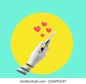 Art collage digital pop modern art.Hand holding smartphone.sent red love heart.dating app positive.Surreal poster digital technology dating app.evaluation positive.Chat social media, influencer day. - Powered by Shutterstock