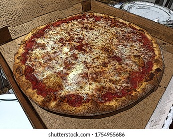 Art Color Cartoon Illustration Of A Delicious Plain Cheese Pizza In A Cardboard Box