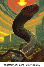 Art Color Of Giant Snake Attack Town