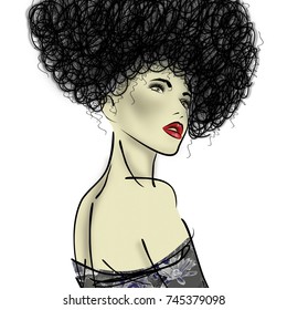 Art Colorful Illustration With Face Of Beautiful Girl In Profile With Black Afro Funk Curly, In Black Party Dress Hair, Isolated On White Background In Mixed Media Style