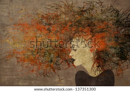 art colorful painting beautiful girl face with dark red hair on brown background