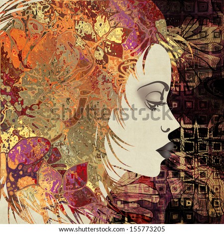 art colorful sketched beautiful girl face in profile with floral hair on brown floral background