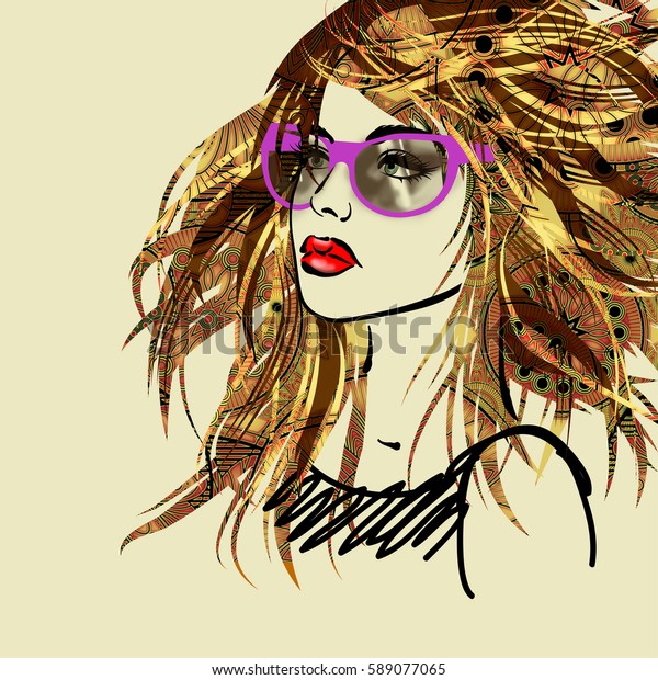 Art Colorful Sketched Beautiful Girl Face Stock Illustration