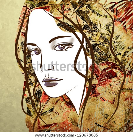 art colorful sketching beautiful girl face on sepia background